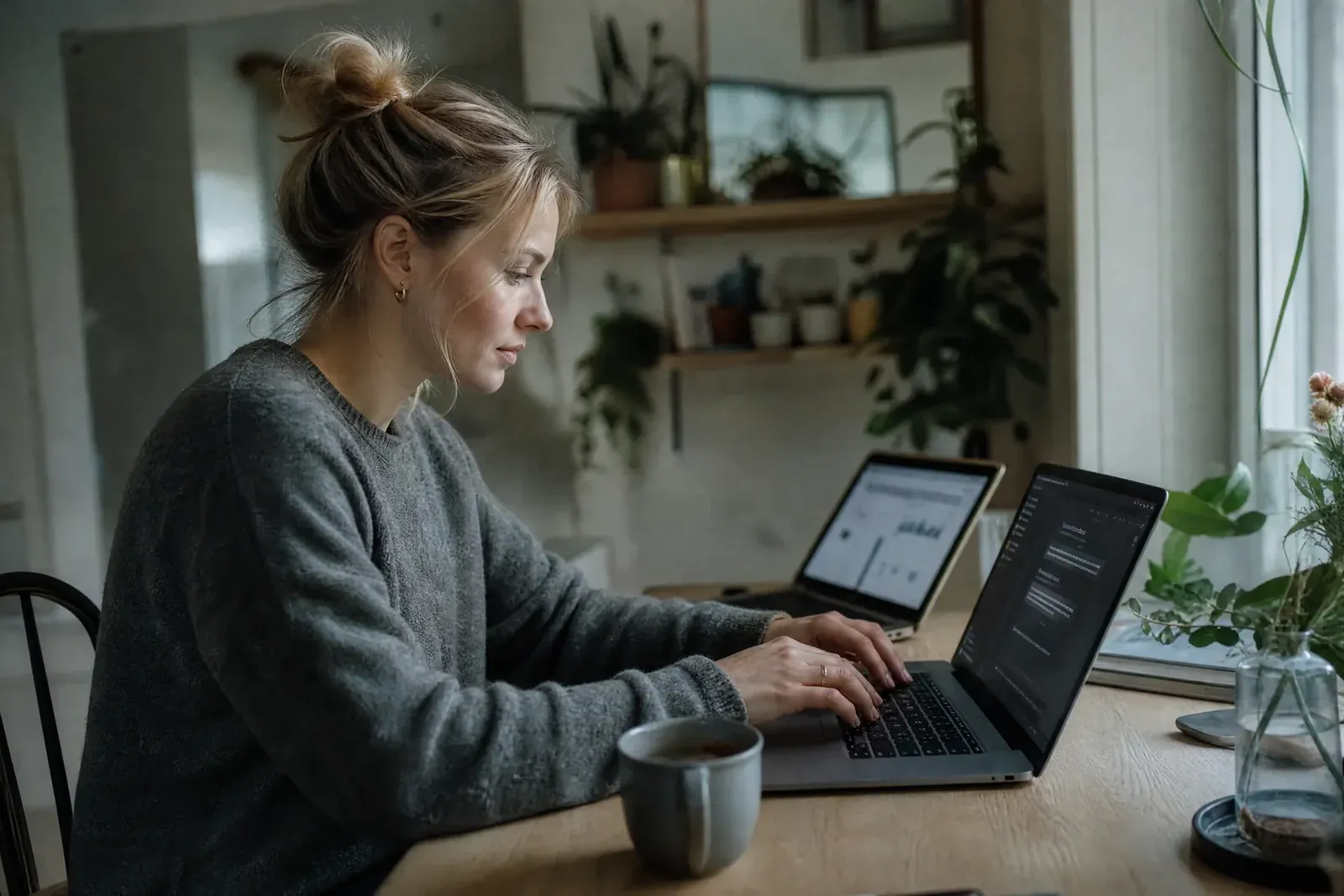 A small business owner at a kitchen table types a question about their website traffic into an AI chat on a laptop.