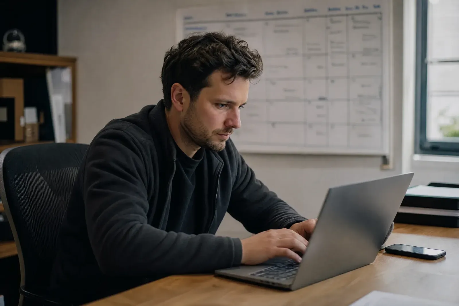 A small business owner at an office desk types a question about last week's ad spend into an AI assistant on a laptop, with a wall planner of booked jobs behind.