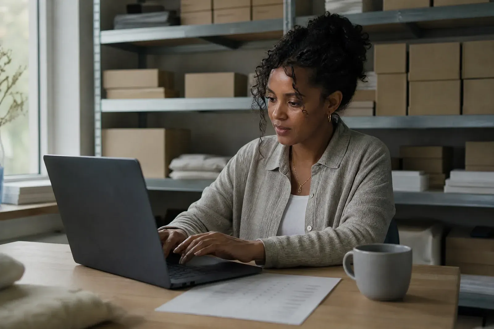 An online shop owner at a stockroom desk types a question about last month's Google Ads spend into an AI assistant on a laptop.