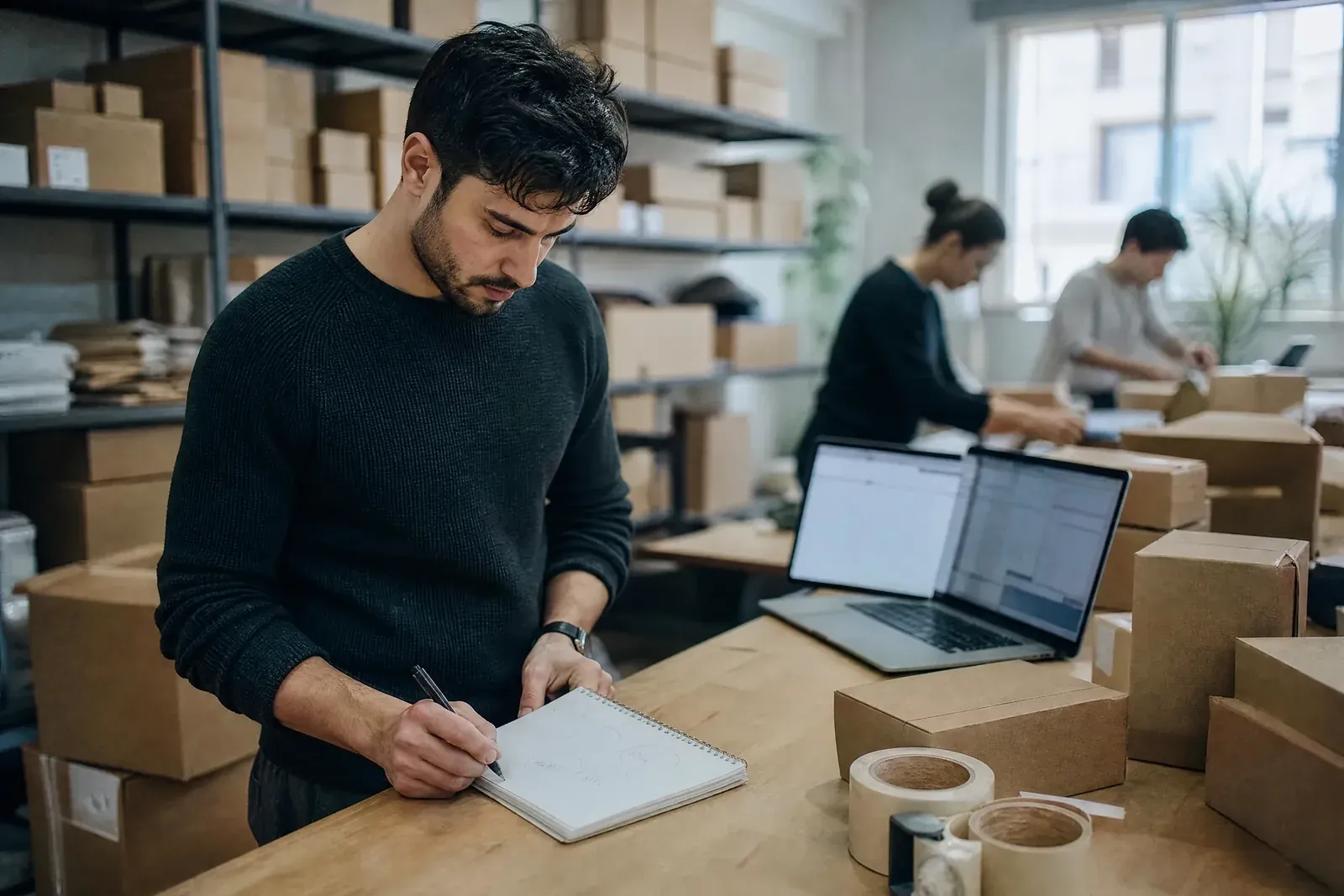 A shop owner at a packing table on a Monday morning compares four different sales numbers for the same week, written on a notepad next to an open laptop.