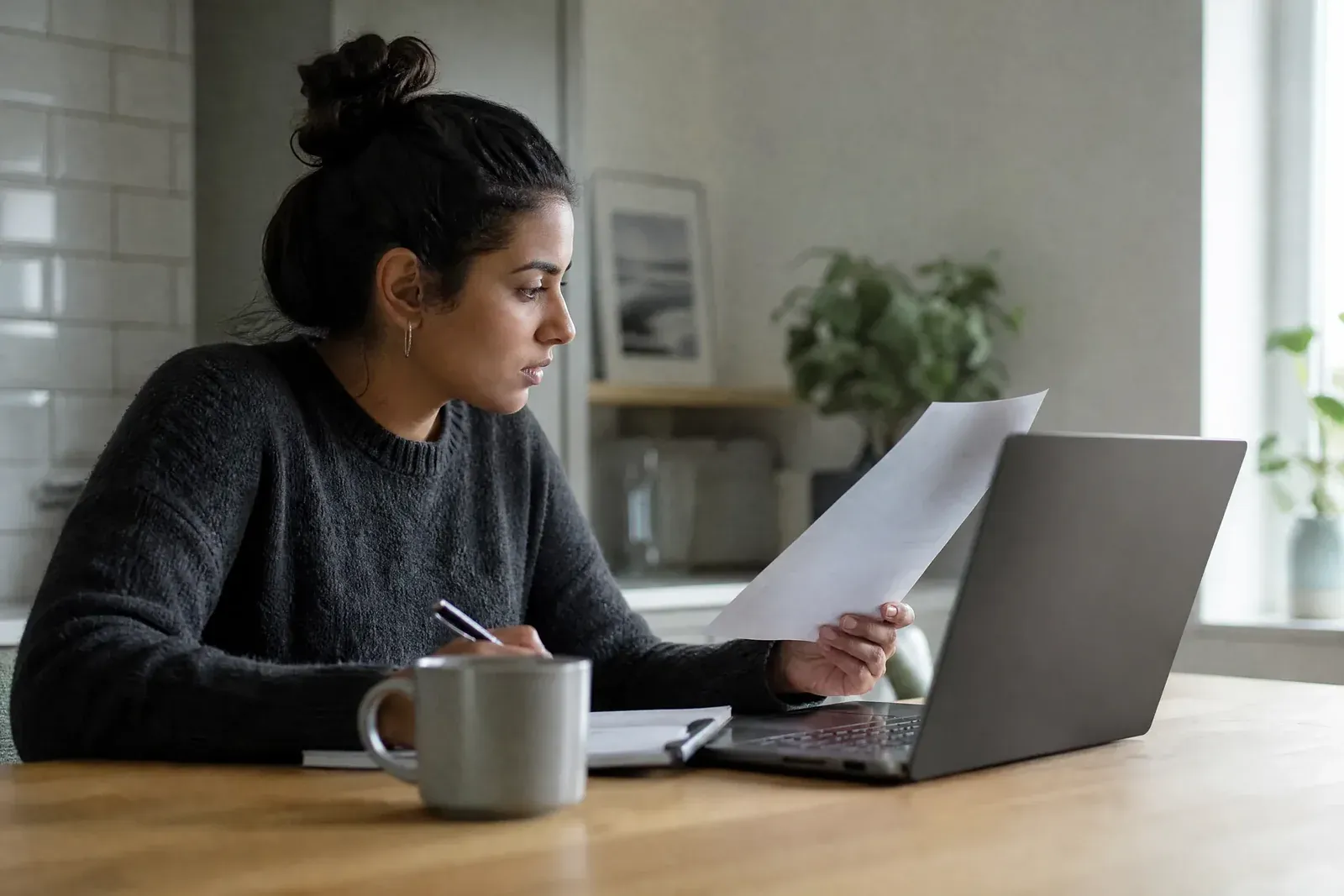 A shop owner at a kitchen table on a Monday morning compares a printed order list with a laptop screen, pen in hand.