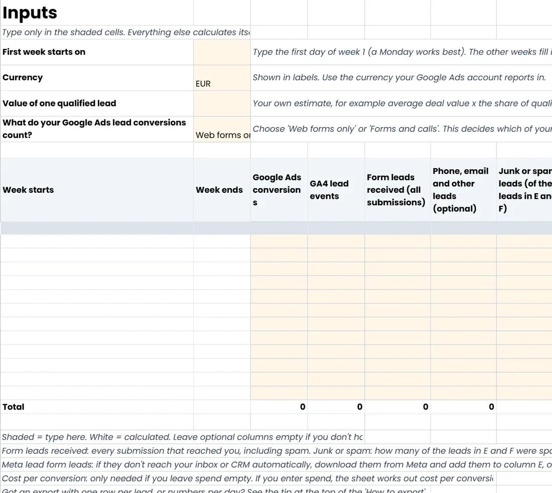 The 'Inputs' tab of Find Your Missing Leads (Google Sheets copy)