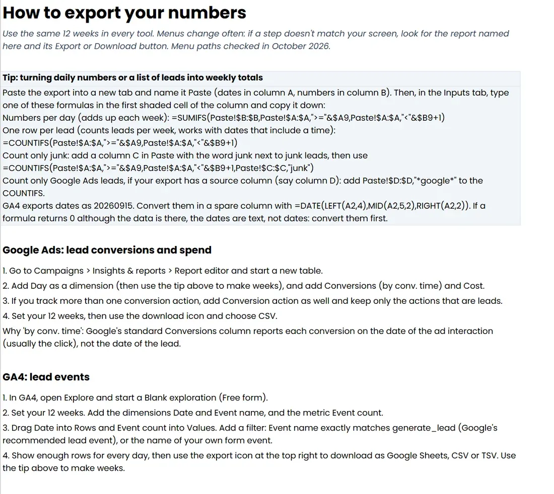The 'How to export' tab of Find Your Missing Leads (Google Sheets copy)