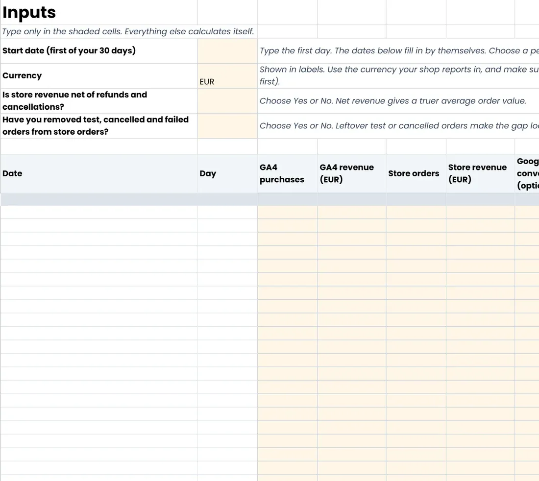 The 'Inputs' tab of Find Your Missing Orders (Google Sheets copy)