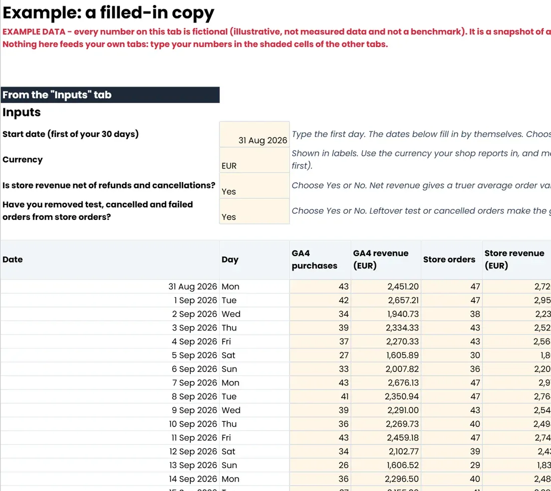 The 'Example' tab of Find Your Missing Orders (Google Sheets copy)