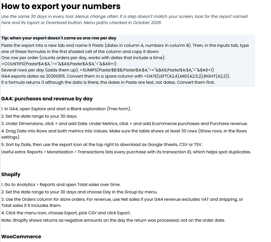 The 'How to export' tab of Find Your Missing Orders (Google Sheets copy)