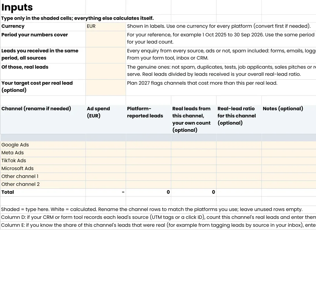 The 'Inputs' tab of 2027 Budget Planner, lead-gen edition (Google Sheets copy)