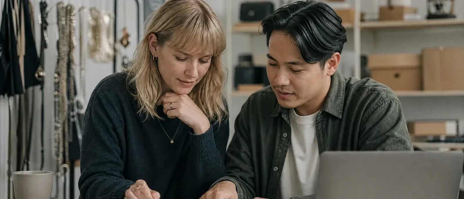 The founder of a small online accessories shop and her bookkeeper go through a printed budget sheet at a meeting table.