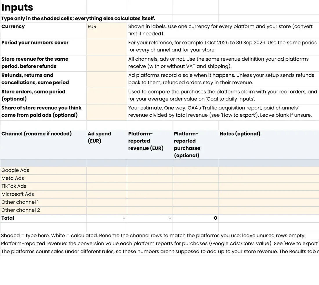 The 'Inputs' tab of 2027 Budget Planner, shop edition (Google Sheets copy)