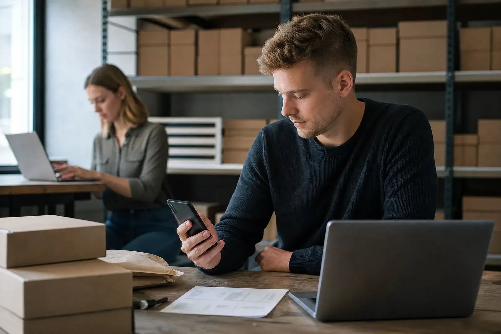 An online shop owner at a stockroom desk holds a phone with a chat app open, next to a printed order report and a laptop.