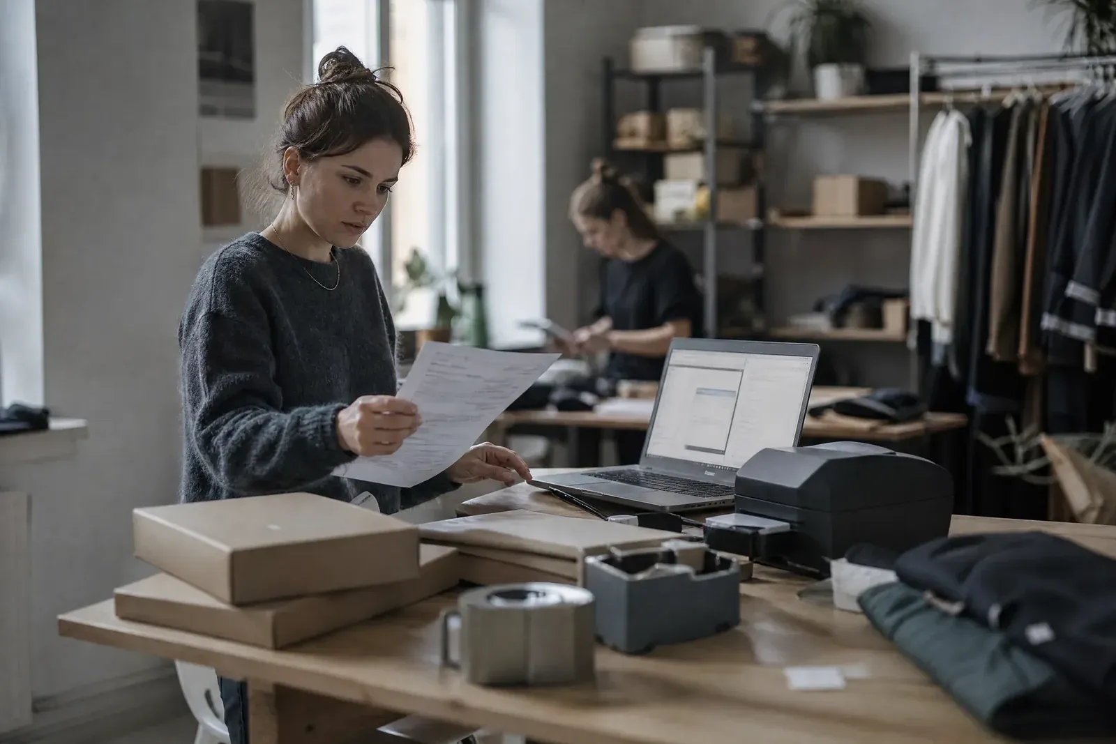 A shop owner at a packing table surrounded by parcels looks from a laptop with a chat window to a printed list of the day's orders.