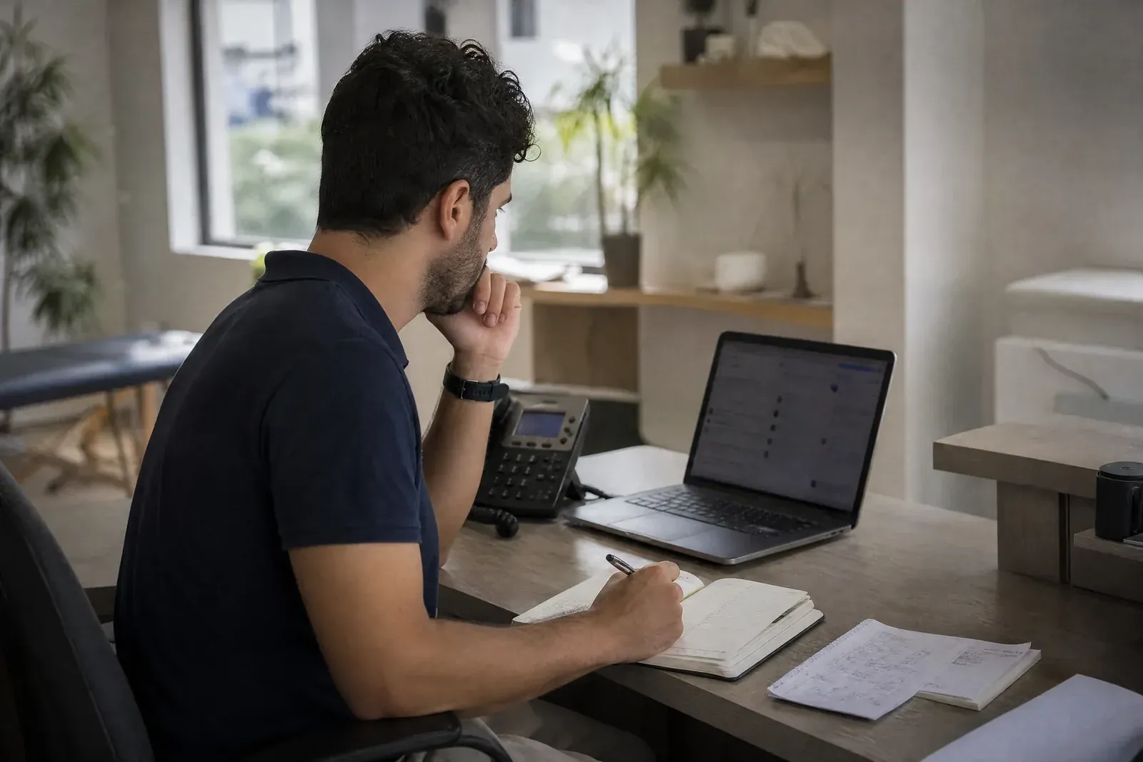 The owner of a small service business at the front desk after closing, with a phone, an appointment book, enquiry notes and a laptop open to a chat window.
