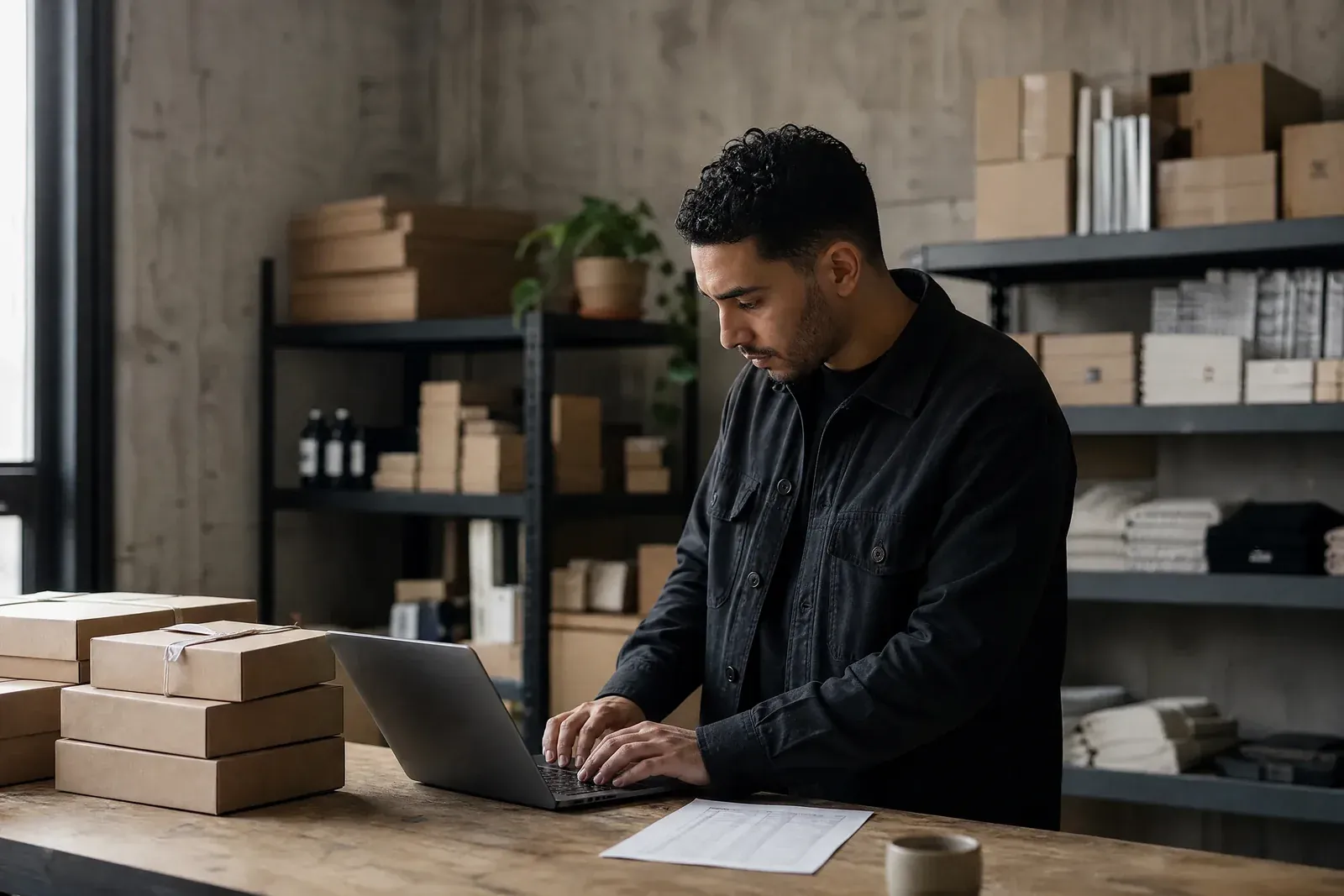 A shop owner at a packing table, next to parcels and a printed order list, types a question into an AI chat on a laptop.