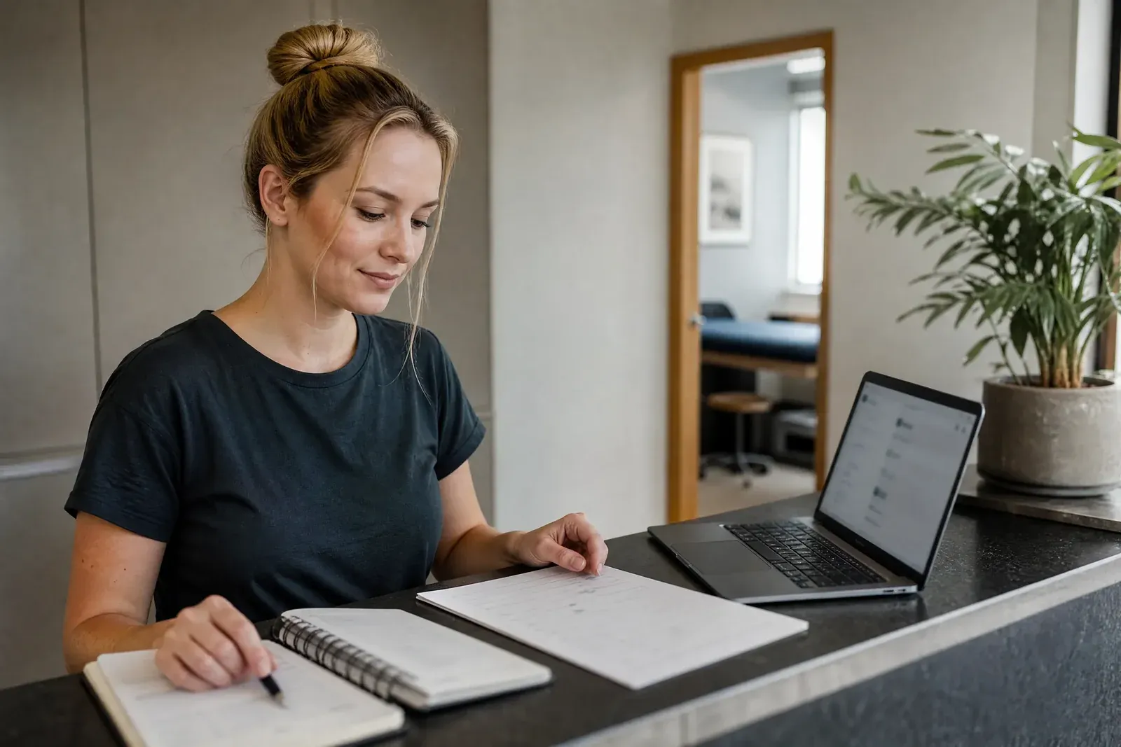 A clinic owner at a reception desk ticks and crosses out lines on a printed list of enquiries next to a laptop with an AI chat open.