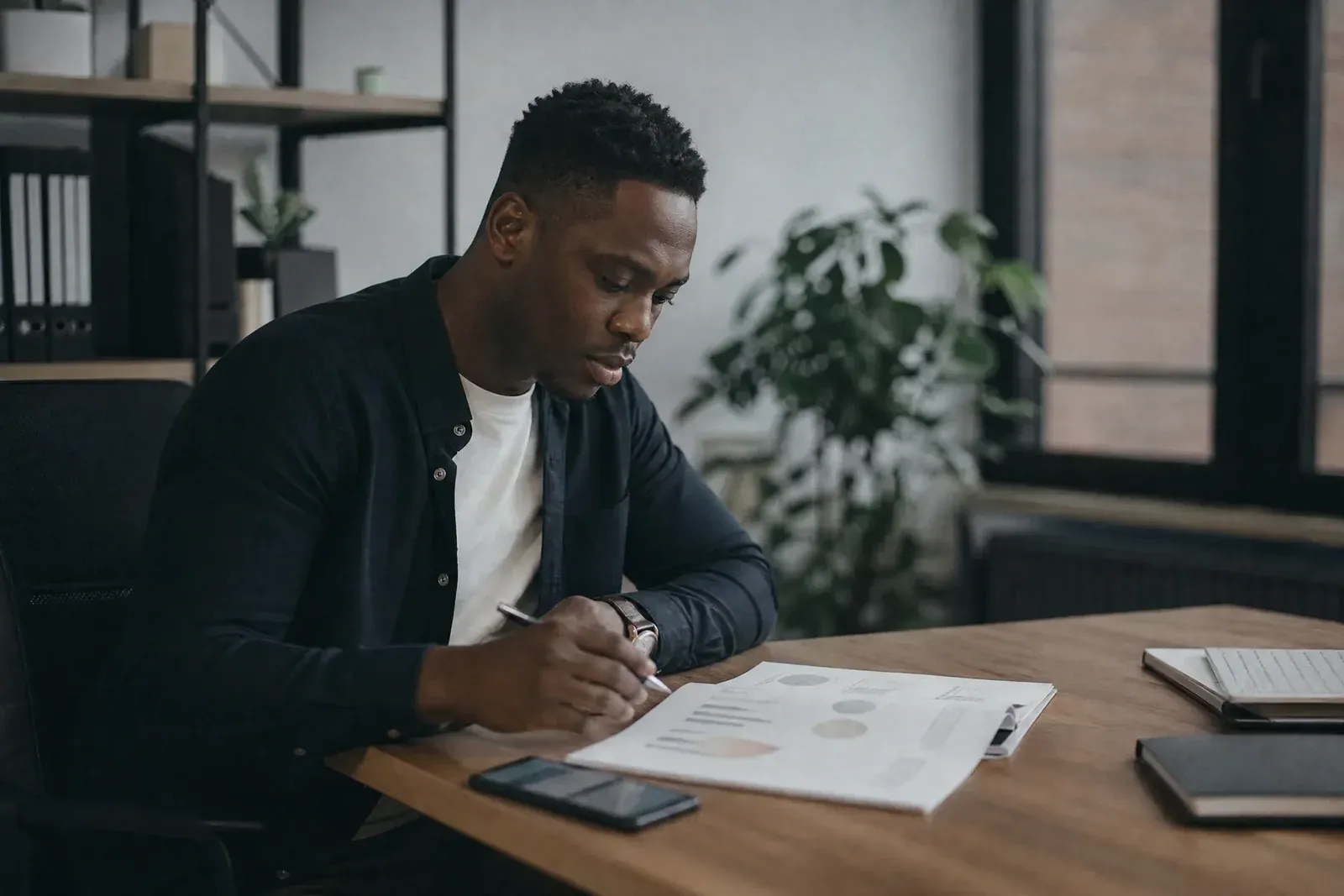 A business owner at a desk compares a printed monthly marketing report with a bank balance on a phone, pen in hand.
