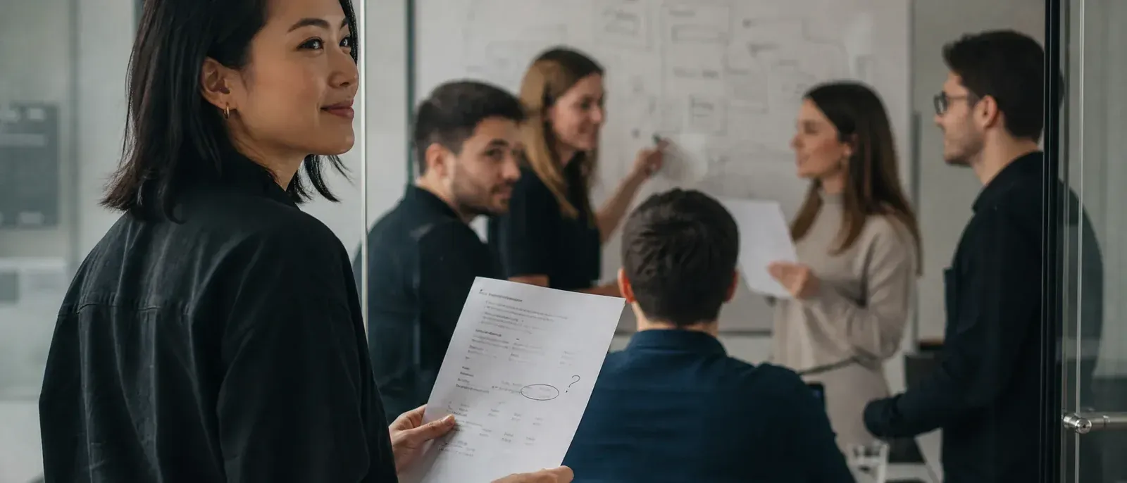 A CEO holds a printed AI answer with one figure circled and a question mark beside it, on the way to ask the marketing team.