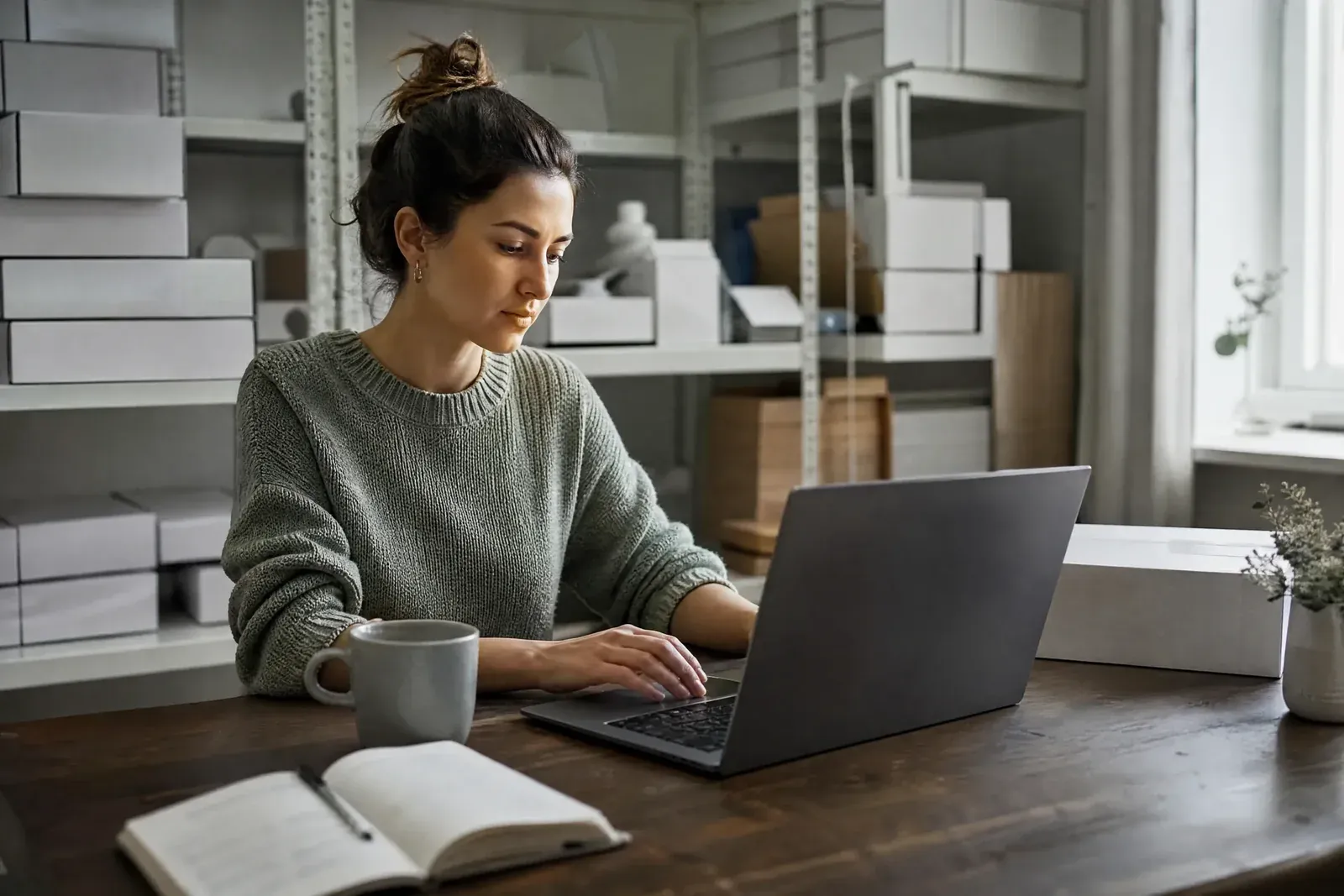 A shop owner in a small stockroom types a question into an AI chat on a laptop, next to a notebook of handwritten figures.