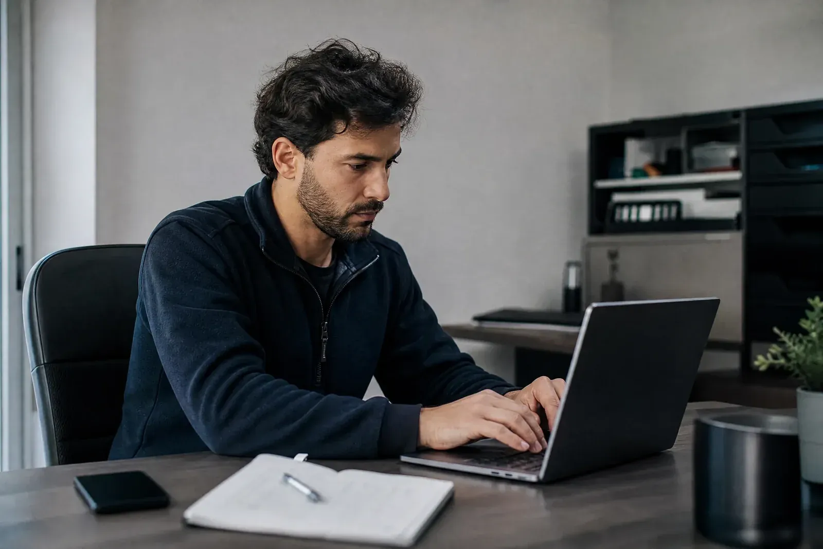 A small-business owner at a desk types a question into an AI assistant on a laptop, with a notebook of handwritten figures beside it.