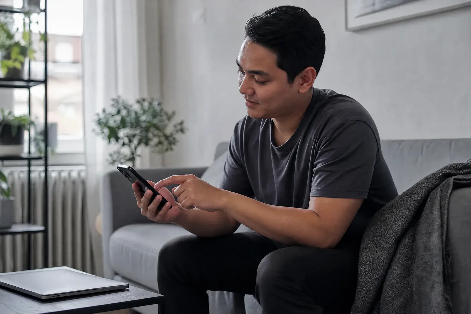 A person on a sofa reads an AI assistant's answer on a phone and is about to tap a link in it.
