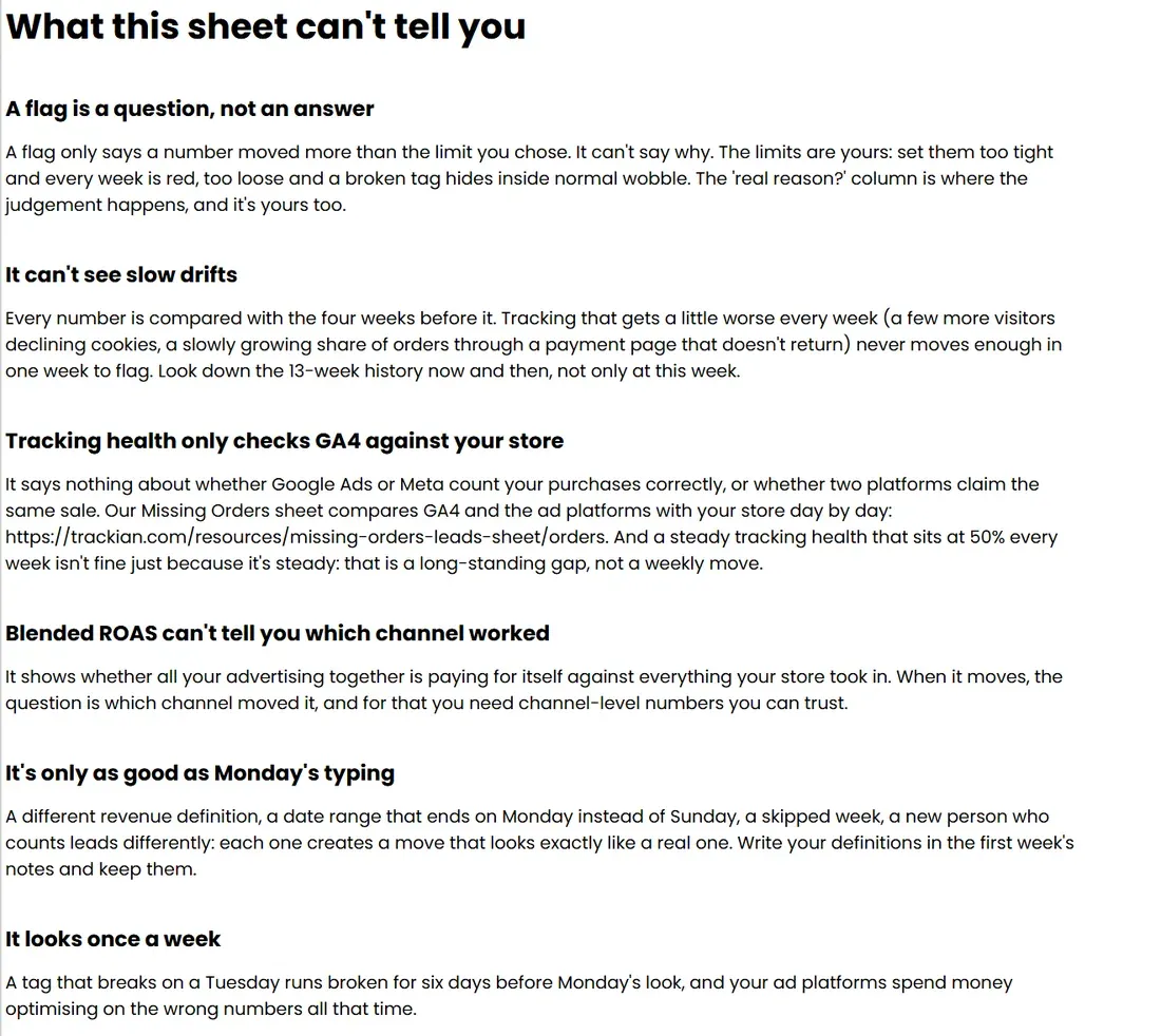 The 'What this can't tell you' tab of The Owner's Weekly Numbers, shop edition (Google Sheets copy)
