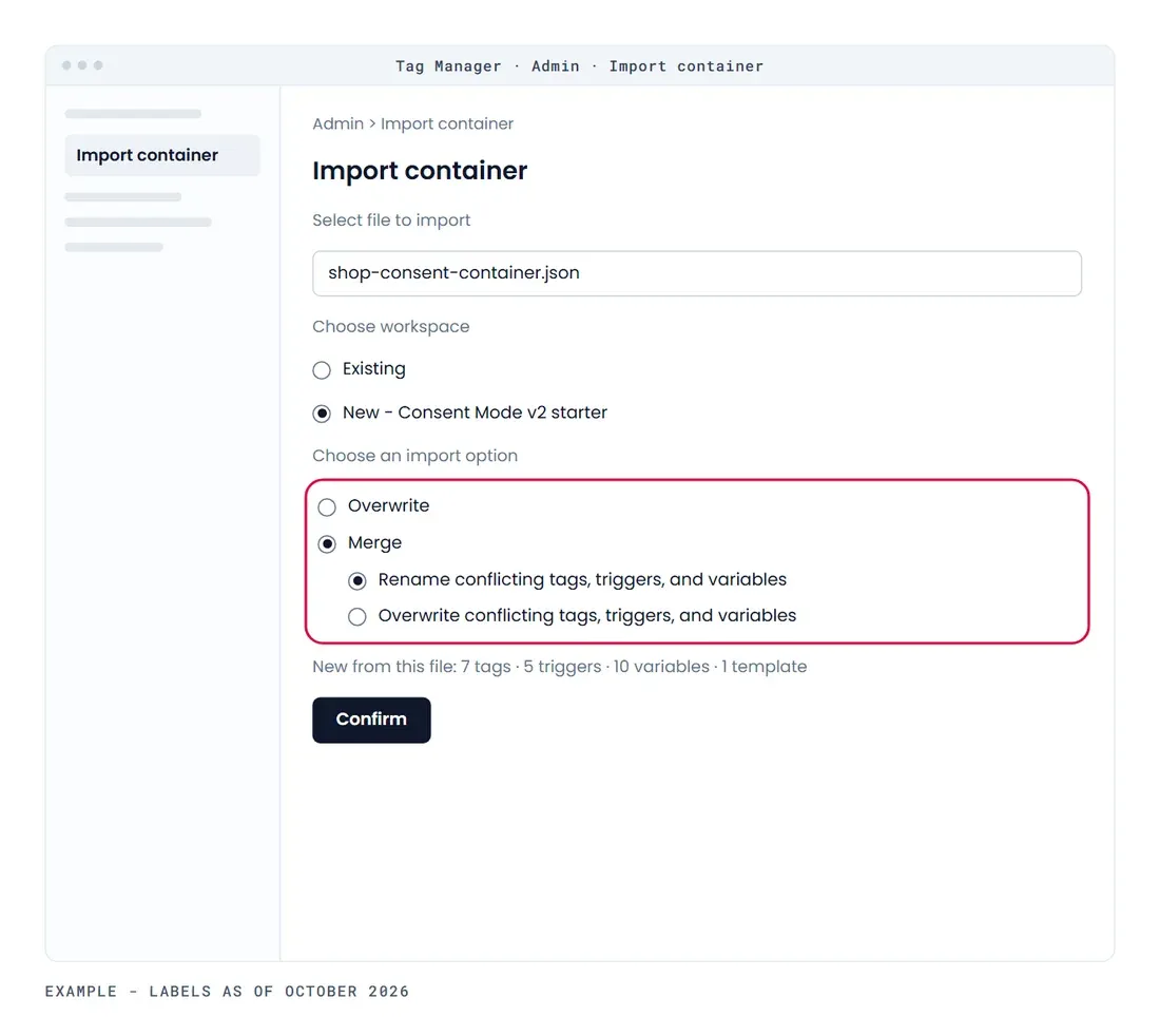 Schematic mockup, example data: the GTM Import Container screen: new workspace, Merge, Rename conflicting
