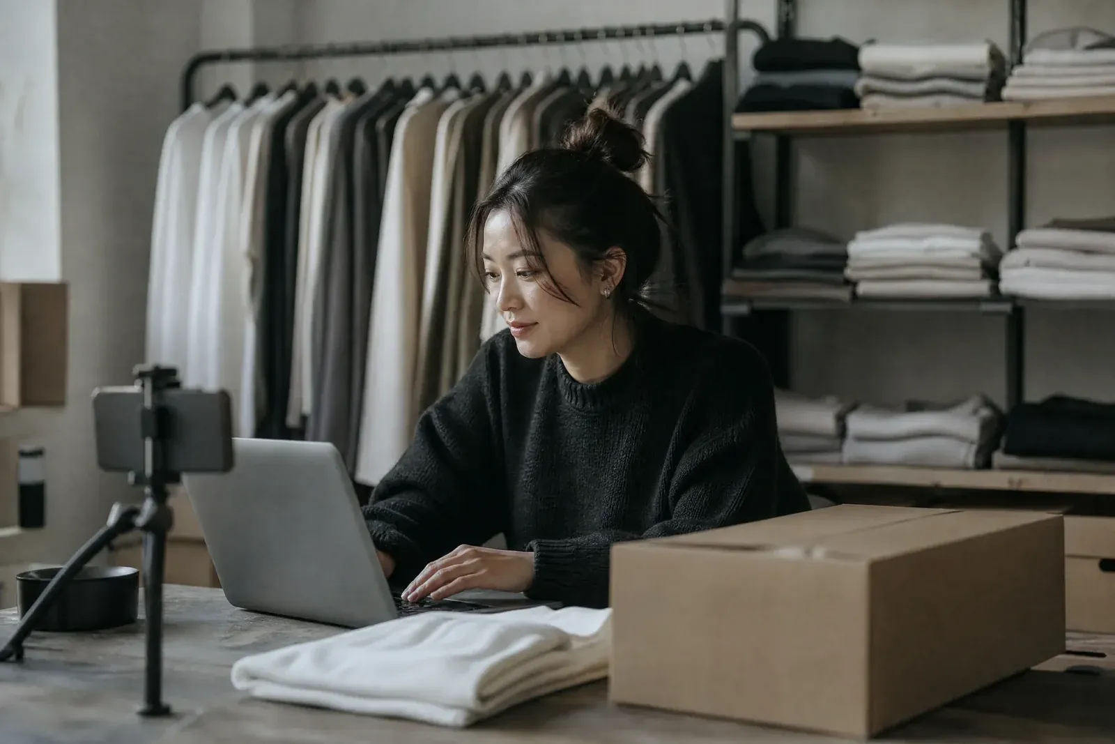 A young online shop owner in a small stockroom types a question about last week's ads into an AI assistant on a laptop, with parcels and a phone on a filming tripod beside her.