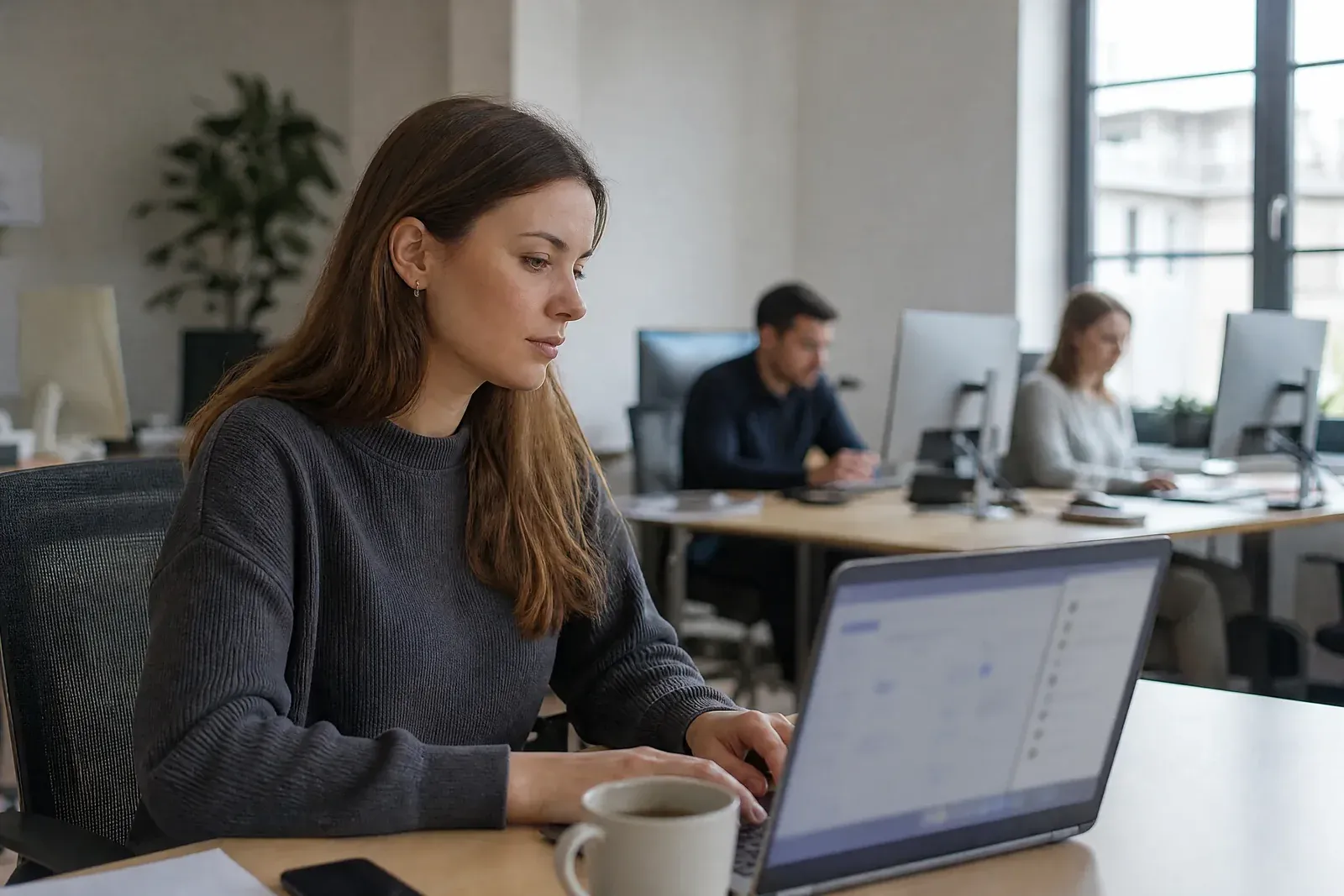 A marketer at a desk with a coffee looks at a laptop showing an ad platform with a chat panel open on the right.