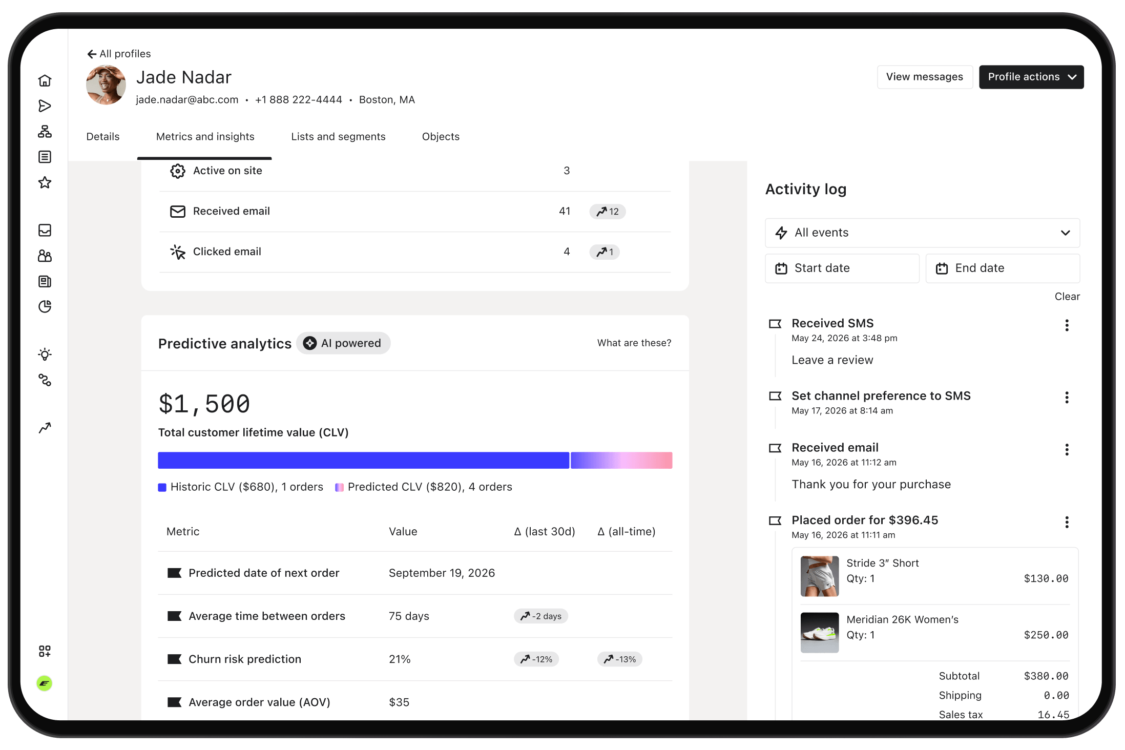 Customer profile with predicted lifetime value