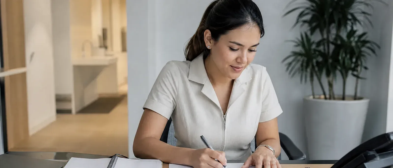 At the reception desk of a small dental clinic after hours, the practice manager ticks off a printed tracking report against the appointment book and her phone-message notes.