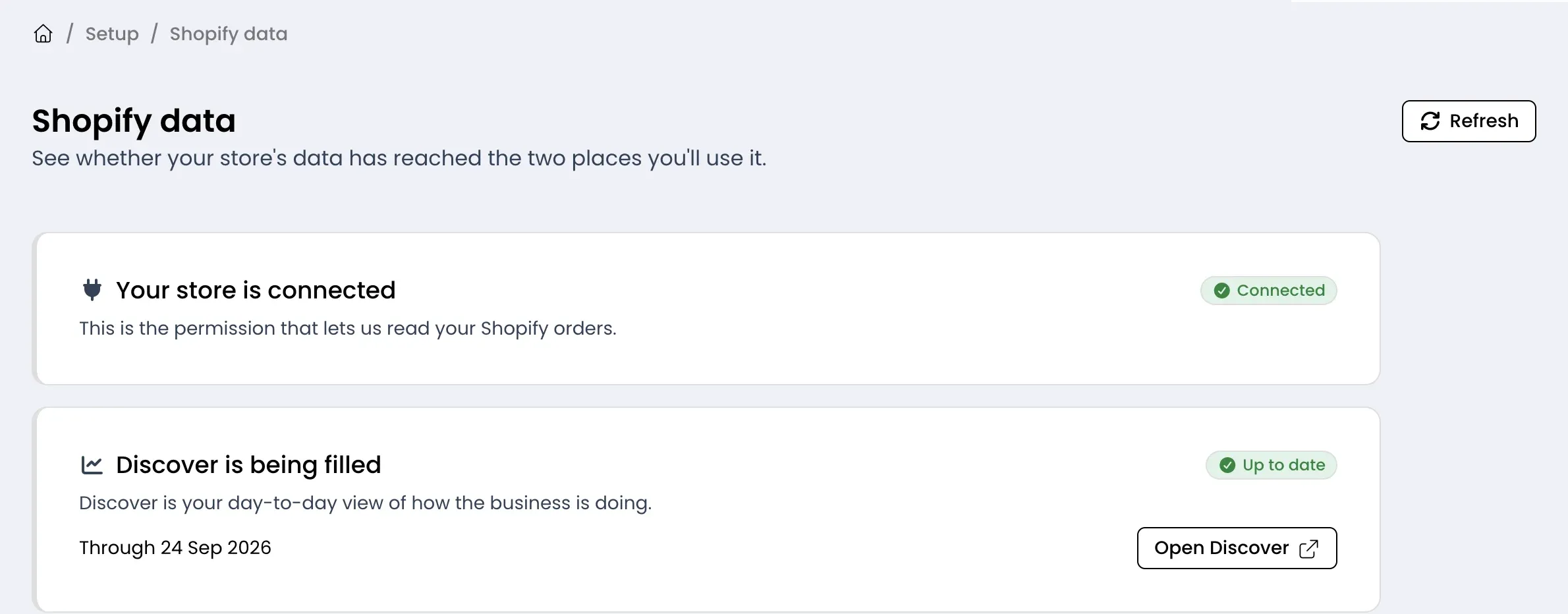 Trackian Shopify data sync status page showing store connection and Discover and Customer Insights freshness indicators