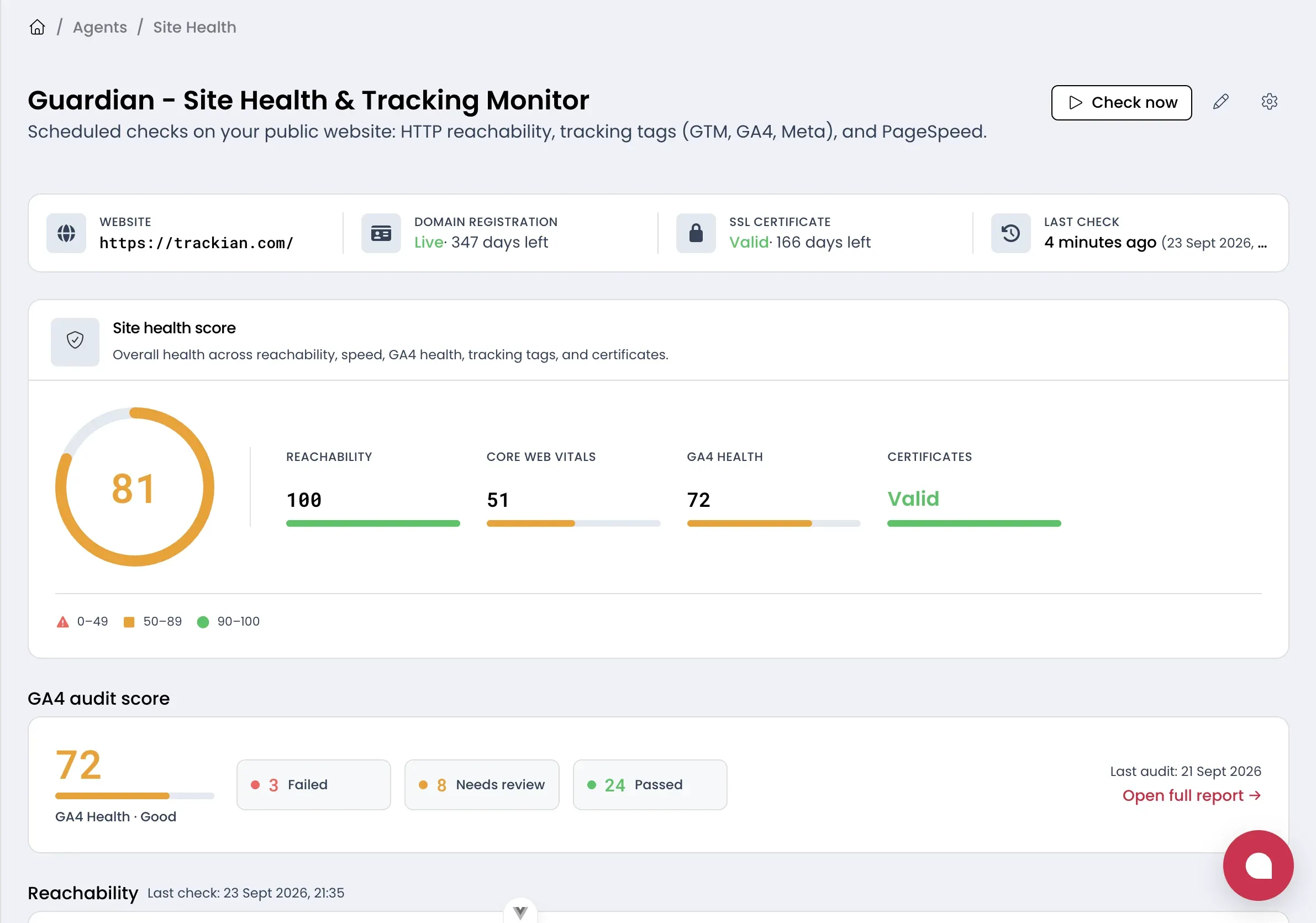 Trackian site health: uptime, page speed, certificates and tracking checks for a client website